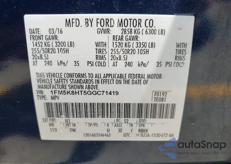 2016 Ford Explorer Platinum z USA, uszkodzony, nr VIN 1FM5K8HT5GGC71419